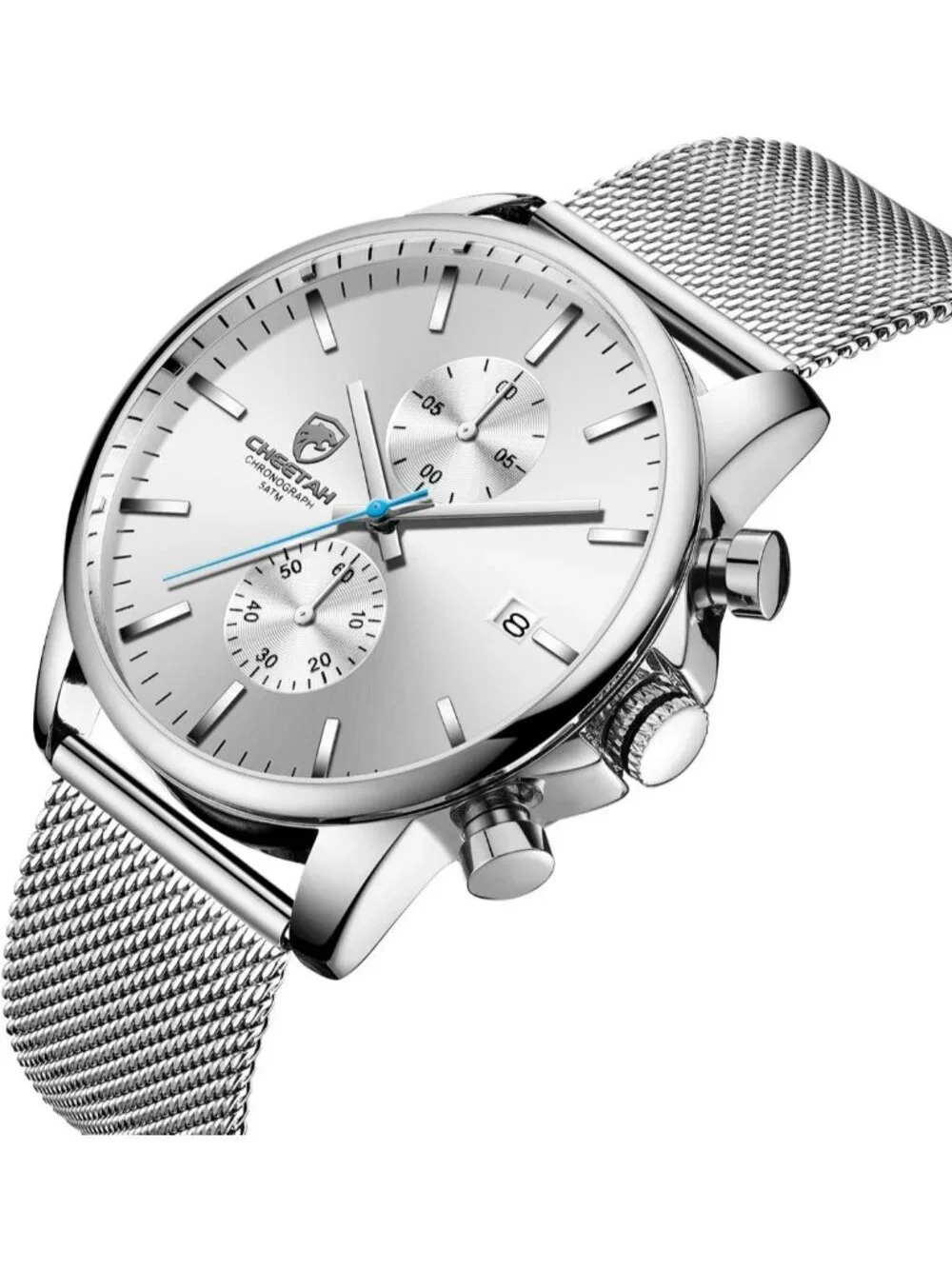 Men's Silver Quartz Analog Mesh Strap Stainless Steel Chronograph Round Watch